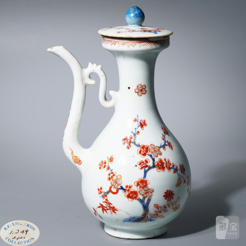 清康熙 青花矾红描金梅花纹急须 - 图1